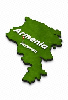 Illustration of a green ground map of Armenia on grid background. Left 3D isometric perspective projection with the name of country and capital Yerevan.