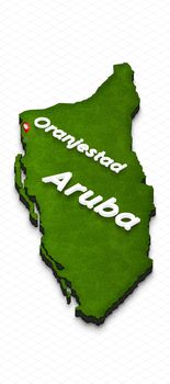 Illustration of a green ground map of Aruba on grid background. Left 3D isometric perspective projection with the name of country and capital Oranjestad.