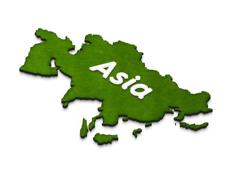 Illustration of a green ground map of Asia on isolated background. Left 3D isometric projection with the name of continent.