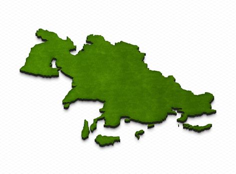 Illustration of a green ground map of Asia on grid background. Left 3D isometric projection.