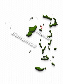 Illustration of a green ground map of Bahamas on grid background. Left 3D isometric perspective projection with the name of country and capital Nassau.