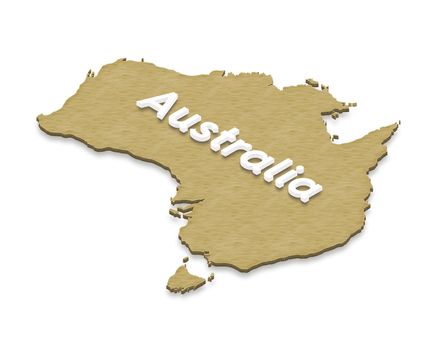 Illustration of a sand ground map of Australia on isolated background. Left 3D isometric projection with the name of continent.