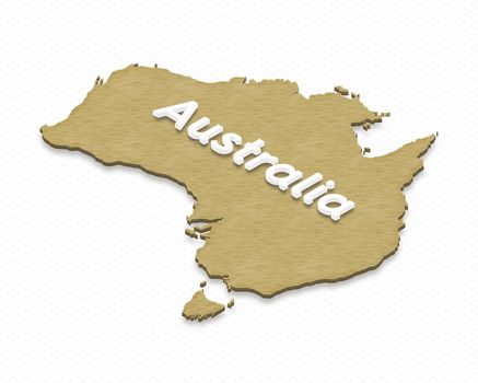 Illustration of a sand ground map of Australia on grid background. Left/ 3D isometric projection with the name of continent.