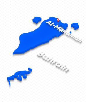 Illustration of a blue ground map of Bahrain on grid background. Left 3D isometric perspective projection with the name of country and capital Al-Manamah.