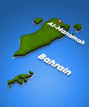 Illustration of a green ground map of Bahrain on water background. Left 3D isometric perspective projection with the name of country and capital Al-Manamah.