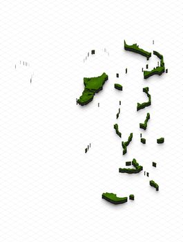 Illustration of a green ground map of Bahamas on grid background. Left 3D isometric perspective projection.