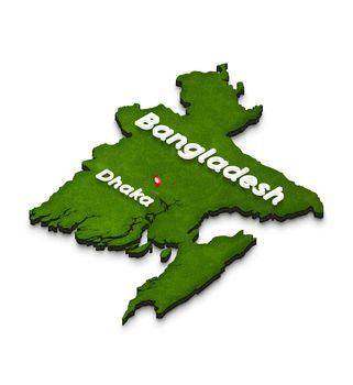 Illustration of a green ground map of Bangladesh on white isolated background. Left 3D isometric perspective projection with the name of country and capital Dhaka.