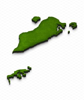 Illustration of a green ground map of Bahrain on grid background. Left 3D isometric perspective projection.
