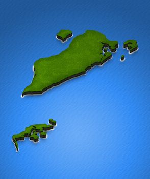 Illustration of a green ground map of Bahrain on water background. Left 3D isometric perspective projection.