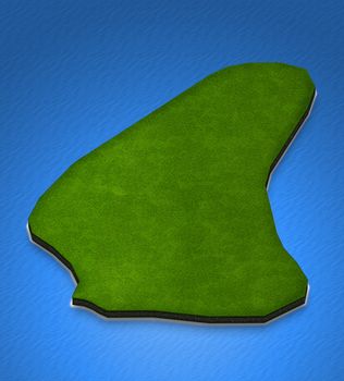 Illustration of a green ground map of Barbados on water background. Left 3D isometric perspective projection.