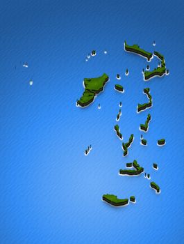 Illustration of a green ground map of Bahamas on water background. Left 3D isometric perspective projection.