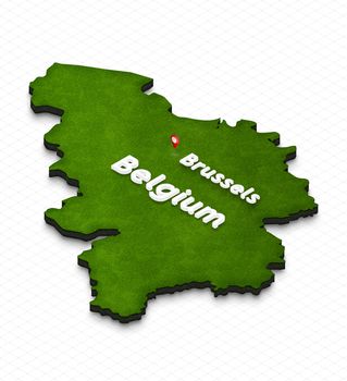 Illustration of a green ground map of Belgium on grid background. Left 3D isometric perspective projection with the name of country and capital Brussels.