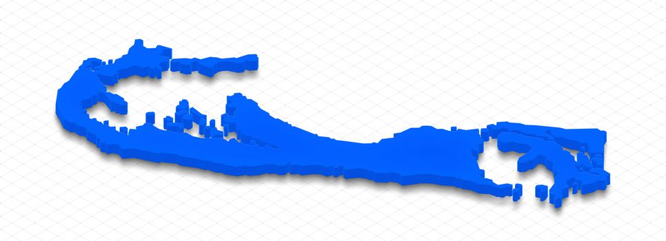 Illustration of a blue ground map of Bermuda on grid background. Left 3D isometric perspective projection.