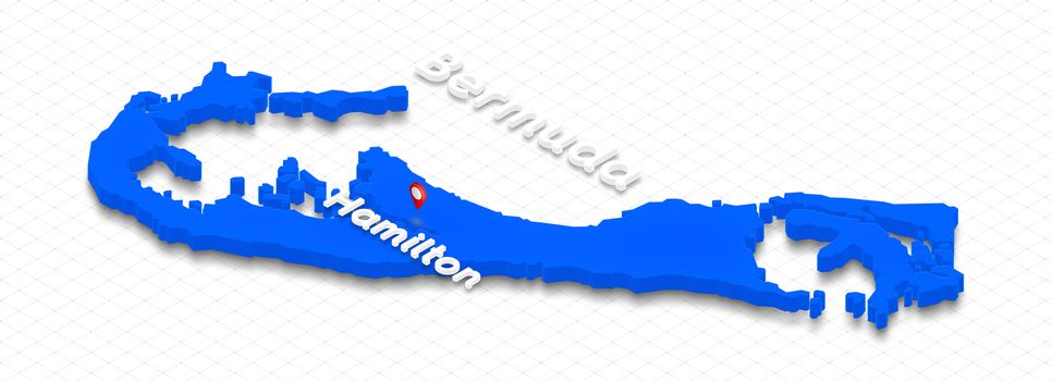 Illustration of a blue ground map of Bermuda on grid background. Left 3D isometric perspective projection with the name of country and capital Hamilton.
