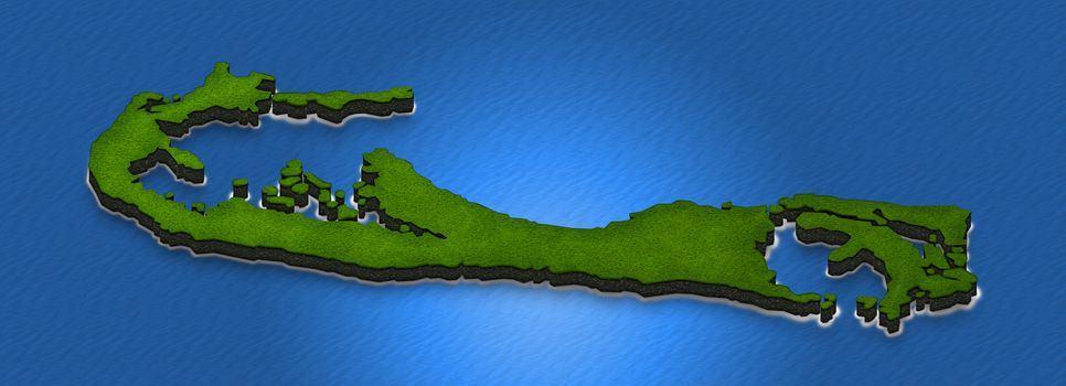Illustration of a green ground map of Bermuda on water background. Right 3D isometric perspective projection.