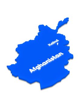 Illustration of a blue ground map of Afghanistan on isolated background. Right 3D isometric perspective projection with the lighting name of country and capital Kabul.