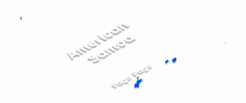 Illustration of a blue ground map of American Samoa on grid water background. Right 3D isometric perspective projection with the name of country and capital Pago Pago.