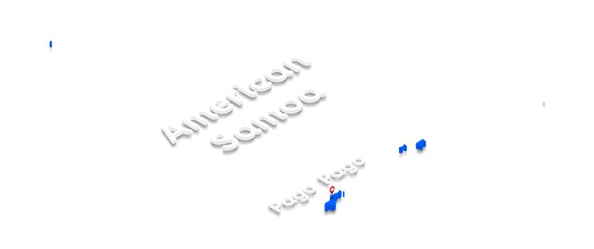 Illustration of a blue ground map of American Samoa on white isolated background. Right 3D isometric perspective projection with the name of country and capital Pago Pago.