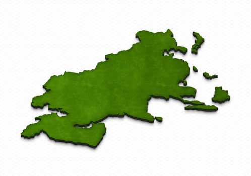 Illustration of a green ground map of Asia on grid background. Right 3D isometric projection.