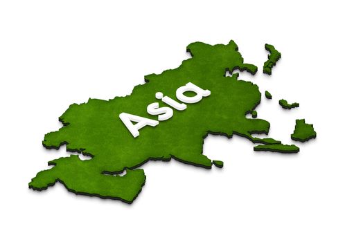 Illustration of a green ground map of Asia on isolated background. Right 3D isometric projection with the name of continent.