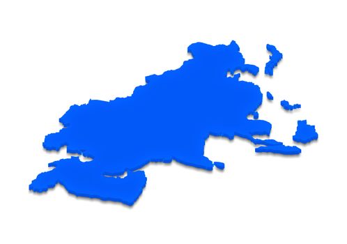 Illustration of a blue ground map of Asia on isolated background. Right 3D isometric projection.