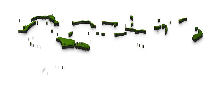 Illustration of a green ground map of Bahamas on white isolated background. Right 3D isometric perspective projection.