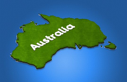 Illustration of a green ground map of Australia on water background. Right 3D isometric projection with the name of continent.
