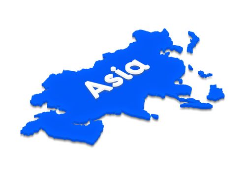 Illustration of a blue ground map of Asia on isolated background. Right 3D isometric projection with the name of continent.