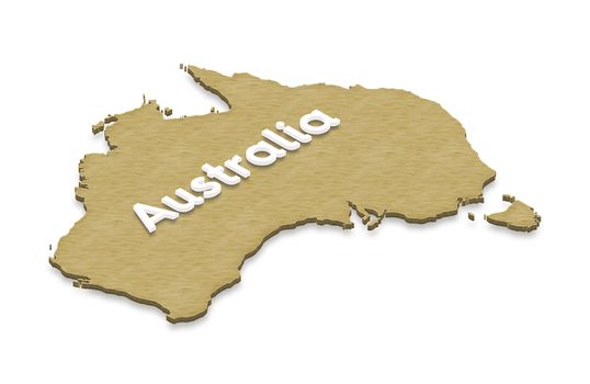 Illustration sand ground map of Australia on isolated background. Right 3D isometric projection with the name of continent.
