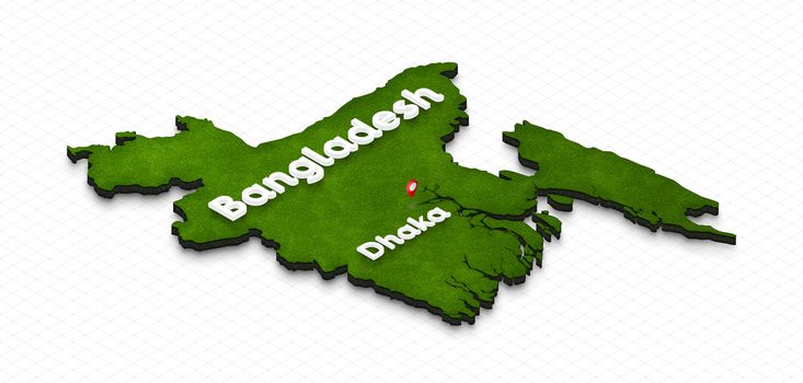Illustration of a green ground map of Bangladesh on grid background. Right 3D isometric perspective projection with the name of country and capital Dhaka.