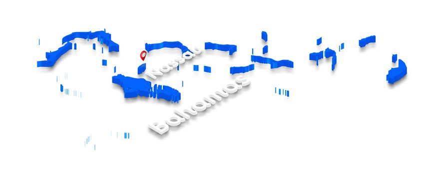 Illustration of a blue ground map of Bahamas on white isolated background. Right 3D isometric perspective projection with the name of country and capital Nassau.