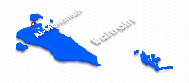 Illustration of a blue ground map of Bahrain on grid background. Right 3D isometric perspective projection with the name of country and capital Al-Manamah.