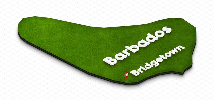 Illustration of a green ground map of Barbados on grid background. Right 3D isometric perspective projection with the name of country and capital Bridgetown.
