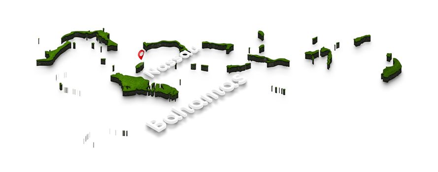 Illustration of a green ground map of Bahamas on white isolated background. Right 3D isometric perspective projection with the name of country and capital Nassau.