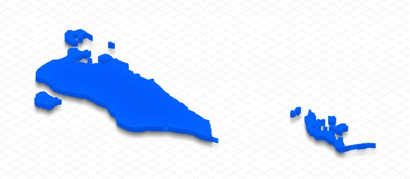 Illustration of a blue ground map of Bahrain on grid background. Right 3D isometric perspective projection.
