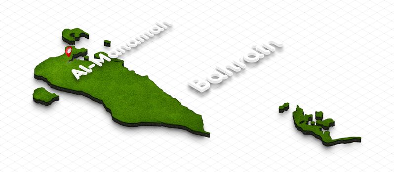 Illustration of a green ground map of Bahrain on grid background. Right 3D isometric perspective projection with the name of country and capital Al-Manamah.
