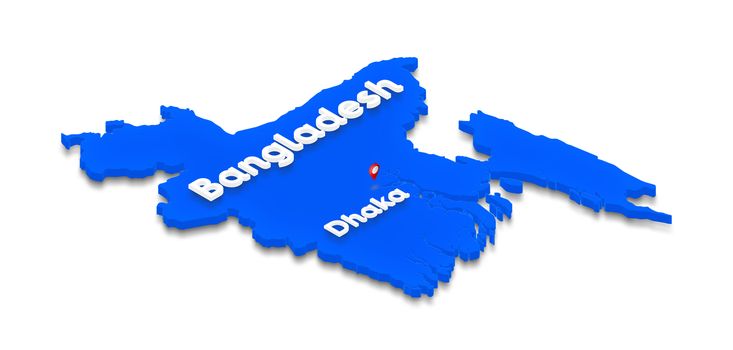 Illustration of a blue ground map of Bangladesh on white isolated background. Right 3D isometric perspective projection with the name of country and capital Dhaka.