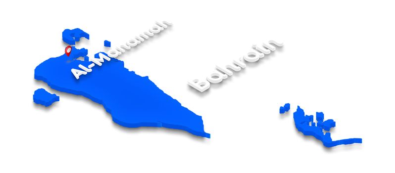 Illustration of a blue ground map of Bahrain on white isolated background. Right 3D isometric perspective projection with the name of country and capital Al-Manamah.
