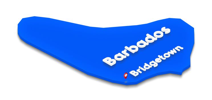 Illustration of a blue ground map of Barbados on white isolated background. Right 3D isometric perspective projection with the name of country and capital Bridgetown.