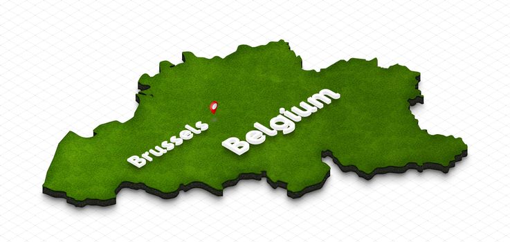 Illustration of a green ground map of Belgium on grid background. Right 3D isometric perspective projection with the name of country and capital Brussels.