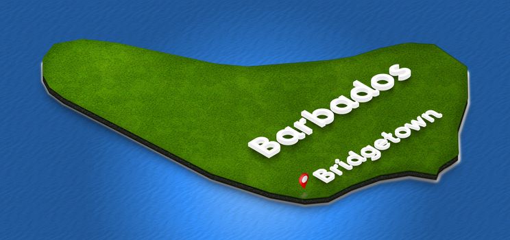 Illustration of a green ground map of Barbados on water background. Right 3D isometric perspective projection with the name of country and capital Bridgetown.