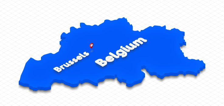 Illustration of a blue ground map of Belgium on grid background. Right 3D isometric perspective projection with the name of country and capital Brussels.