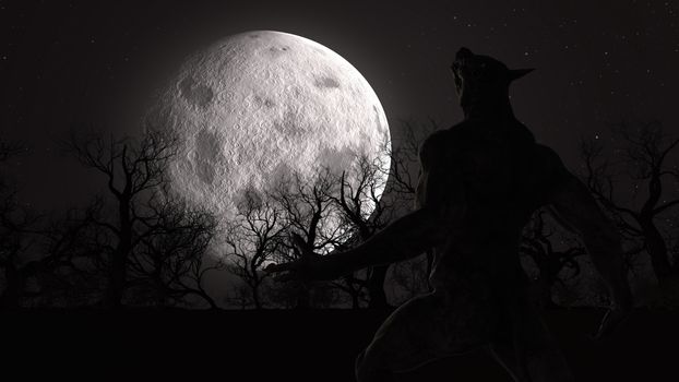 Illustration of a werewolf during the full moon in the creepy forest - 3d rendering