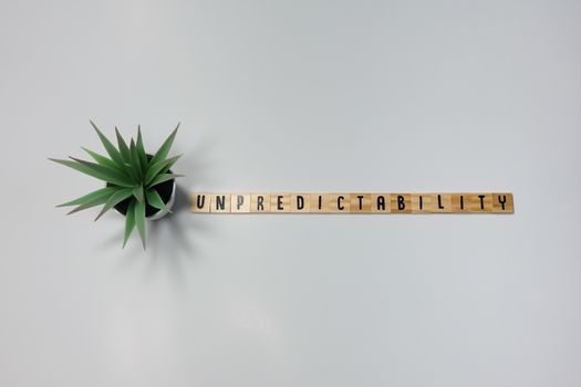 The word Unpredictability written in wooden letter tiles on a white background.  Concept unpredictability in business, travel, and people.