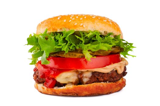 One big tall classic hamburger burger cheeseburger isolated on white background