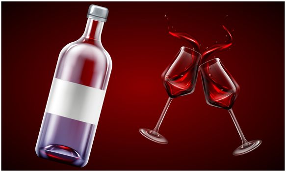 mock up illustration of wine bottle and glass on abstract background