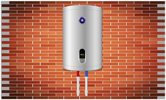 mock up illustration of kitchen water heater on red brick wall background