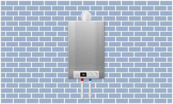 mock up illustration of digital water heater on brick wall background
