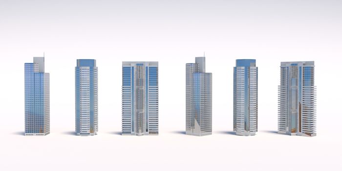 Set of different skyscraper buildings isolated on white. 3d illustration.