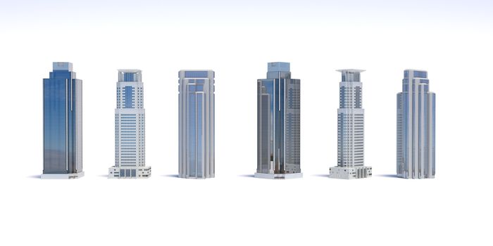 Set of different skyscraper buildings isolated on white. 3d illustration.